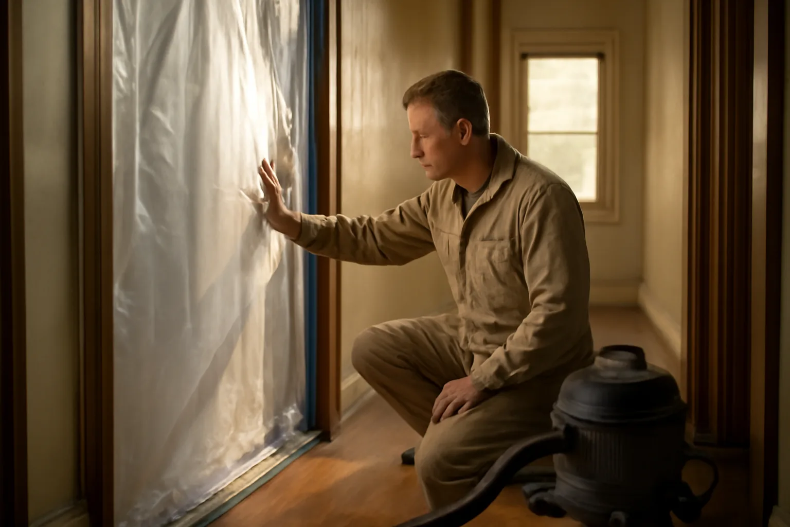 Renovator setting up dust containment in an older Alabama home before lead-safe work.