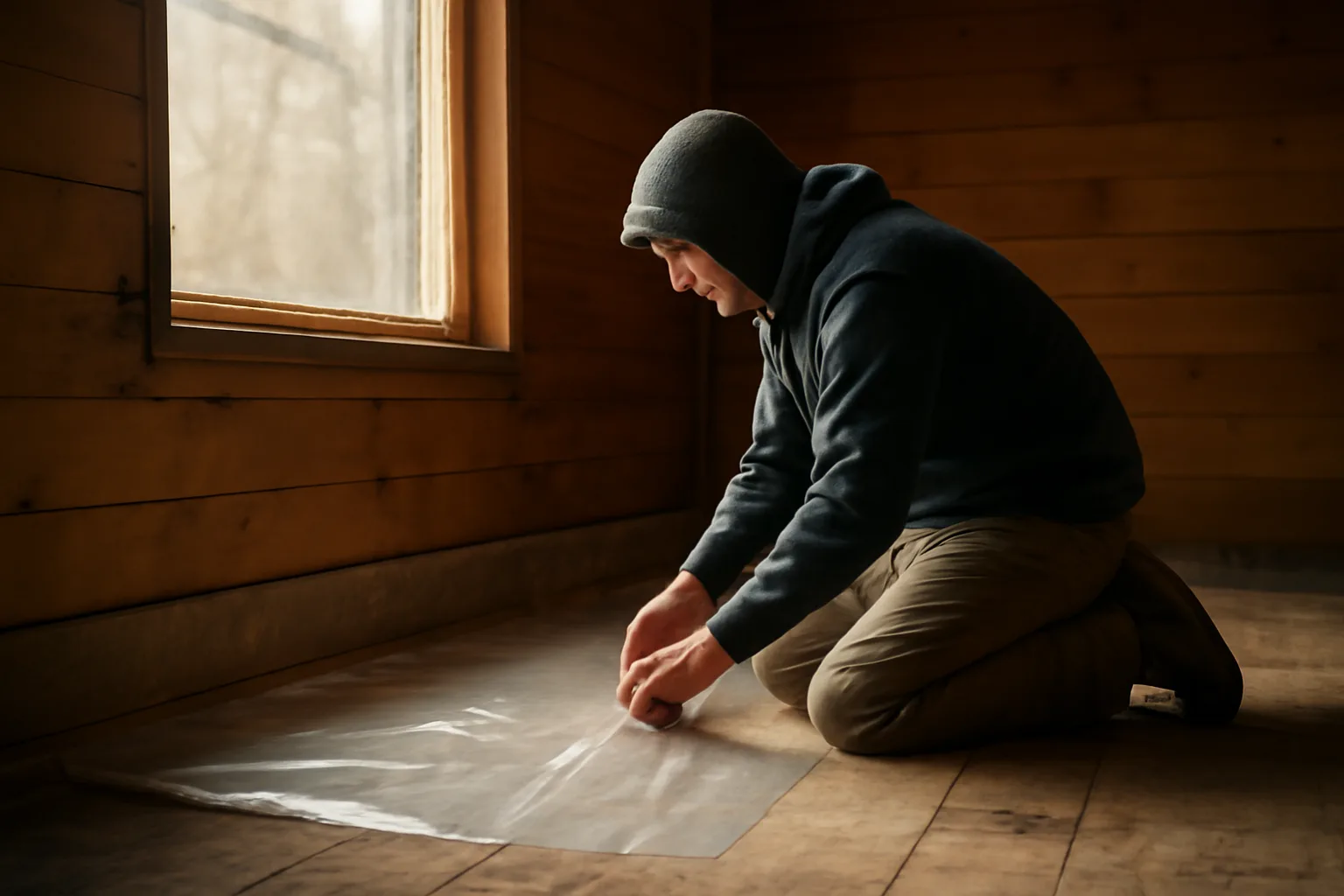 Alaska contractor preparing lead-safe containment sheeting in an older Anchorage home