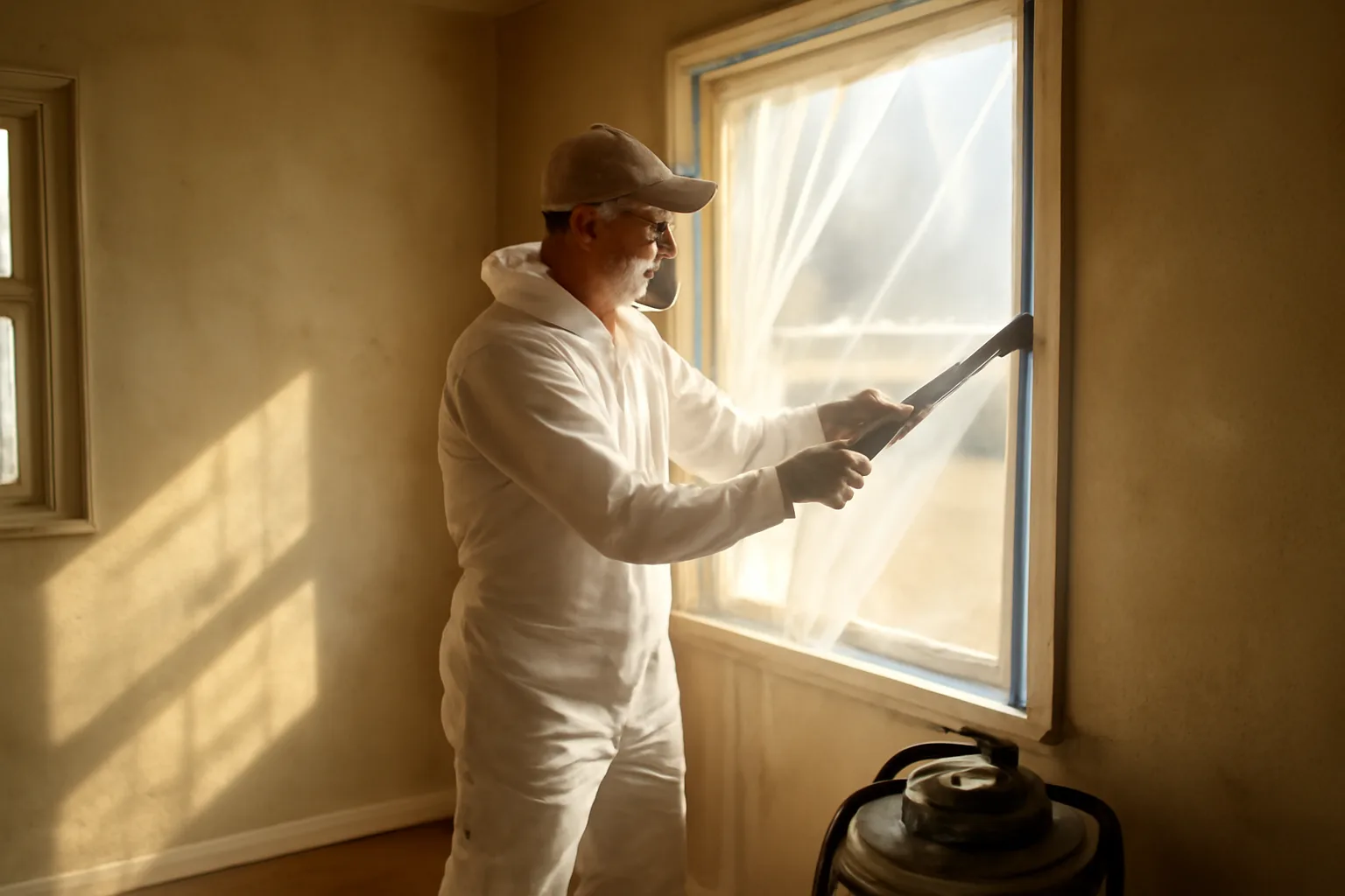 A painter installing plastic containment sheeting inside an older Arizona home during lead RRP work