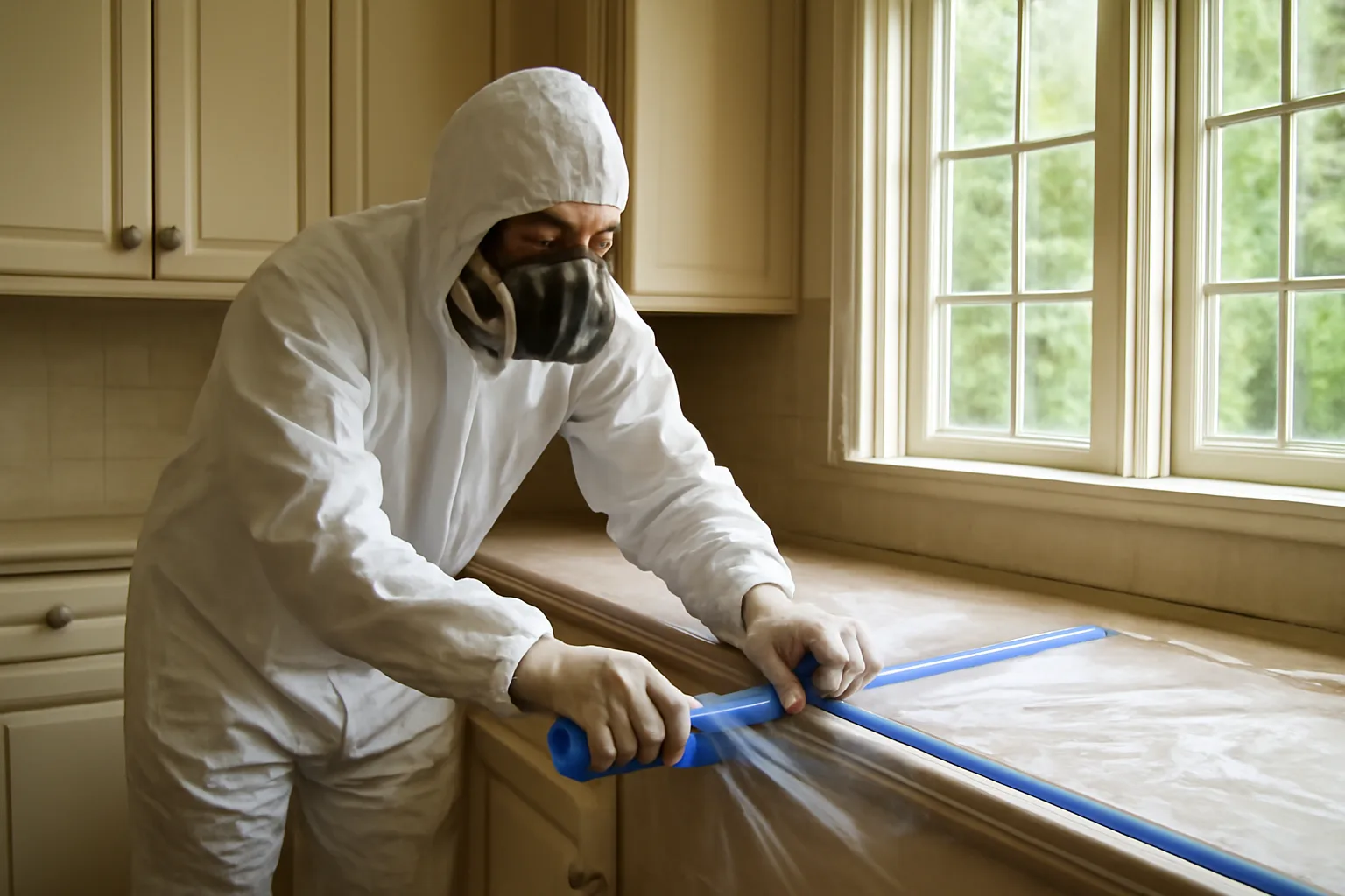 Painter in lead-safe protective gear preparing containment in a Connecticut pre-1978 kitchen