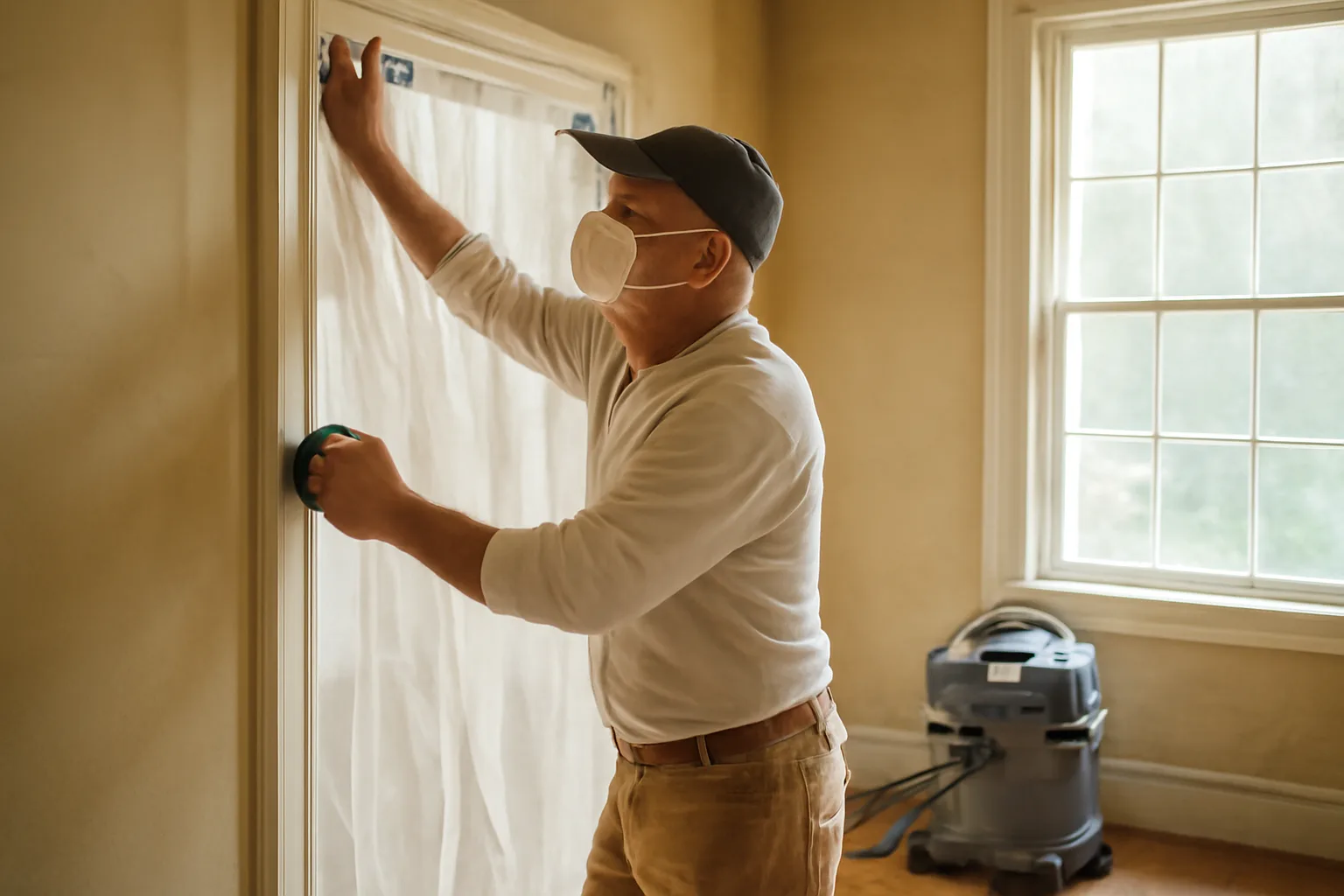 EPA-certified renovator installing plastic containment in a Delaware pre-1978 home.