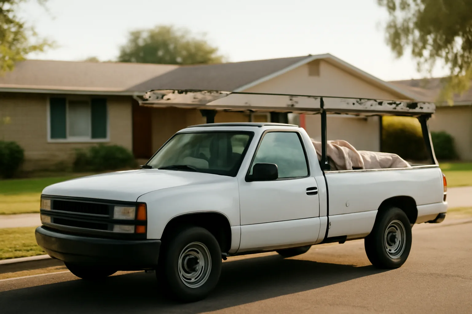 Work truck near a mid-century Arizona home, morning light, no signage