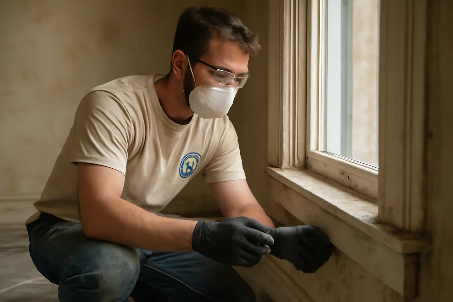 Renovator wearing EPA lead-safe certification badge in an Arkansas home.