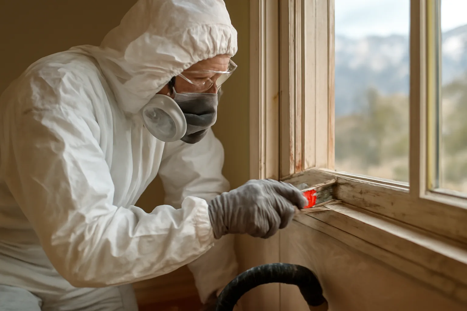 Worker in protective gear performing lead-safe renovation in Colorado home