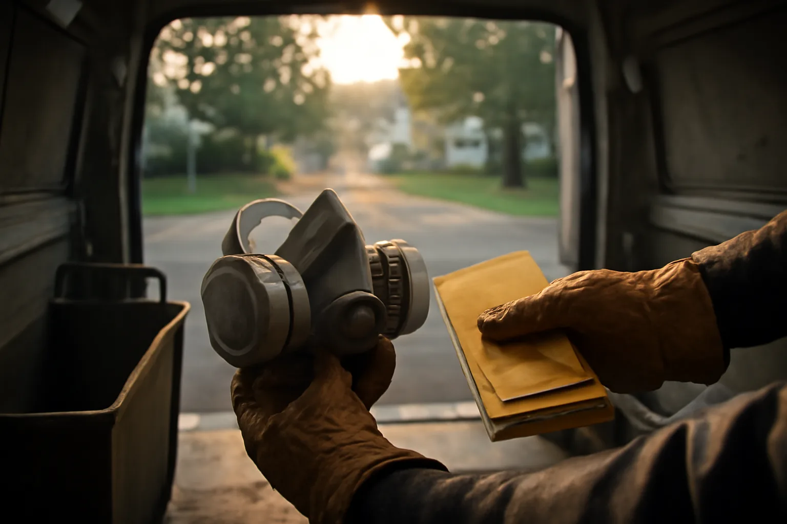 contractor preparing lead-safe gear in a work van on a Connecticut residential street