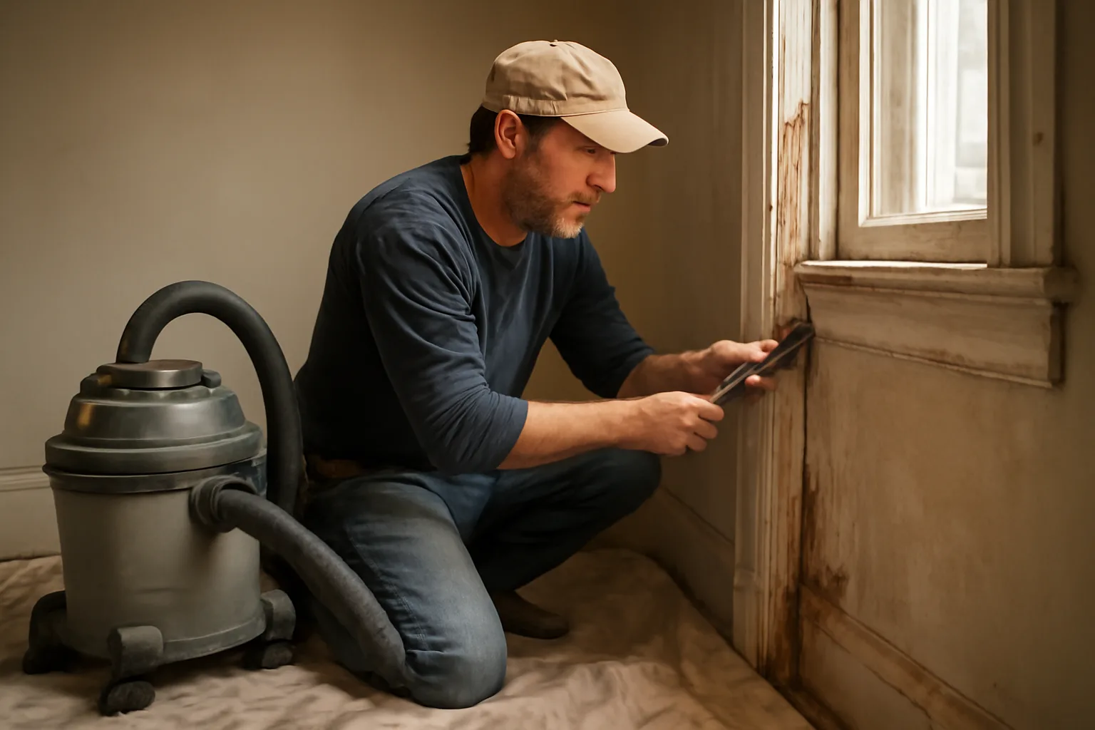 Contractor removing painted trim in an old Delaware home during lead-safe renovation.