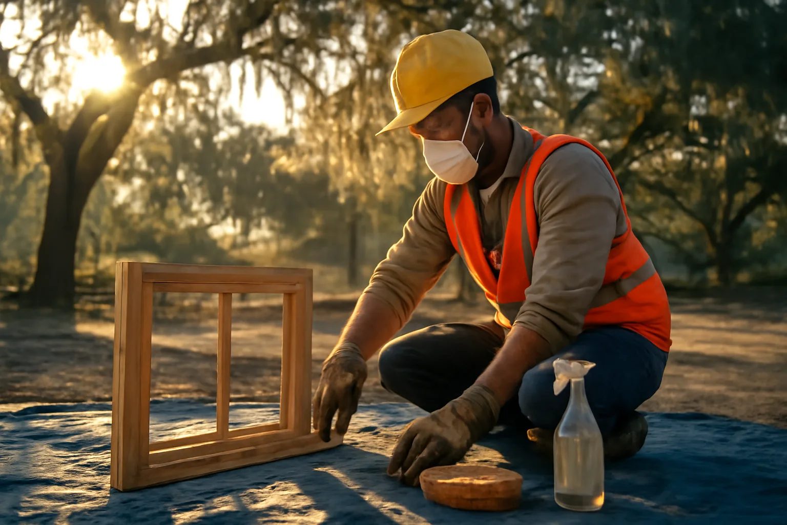 Florida RRP contractor doing lead-safe renovation with containment tarp and wet methods