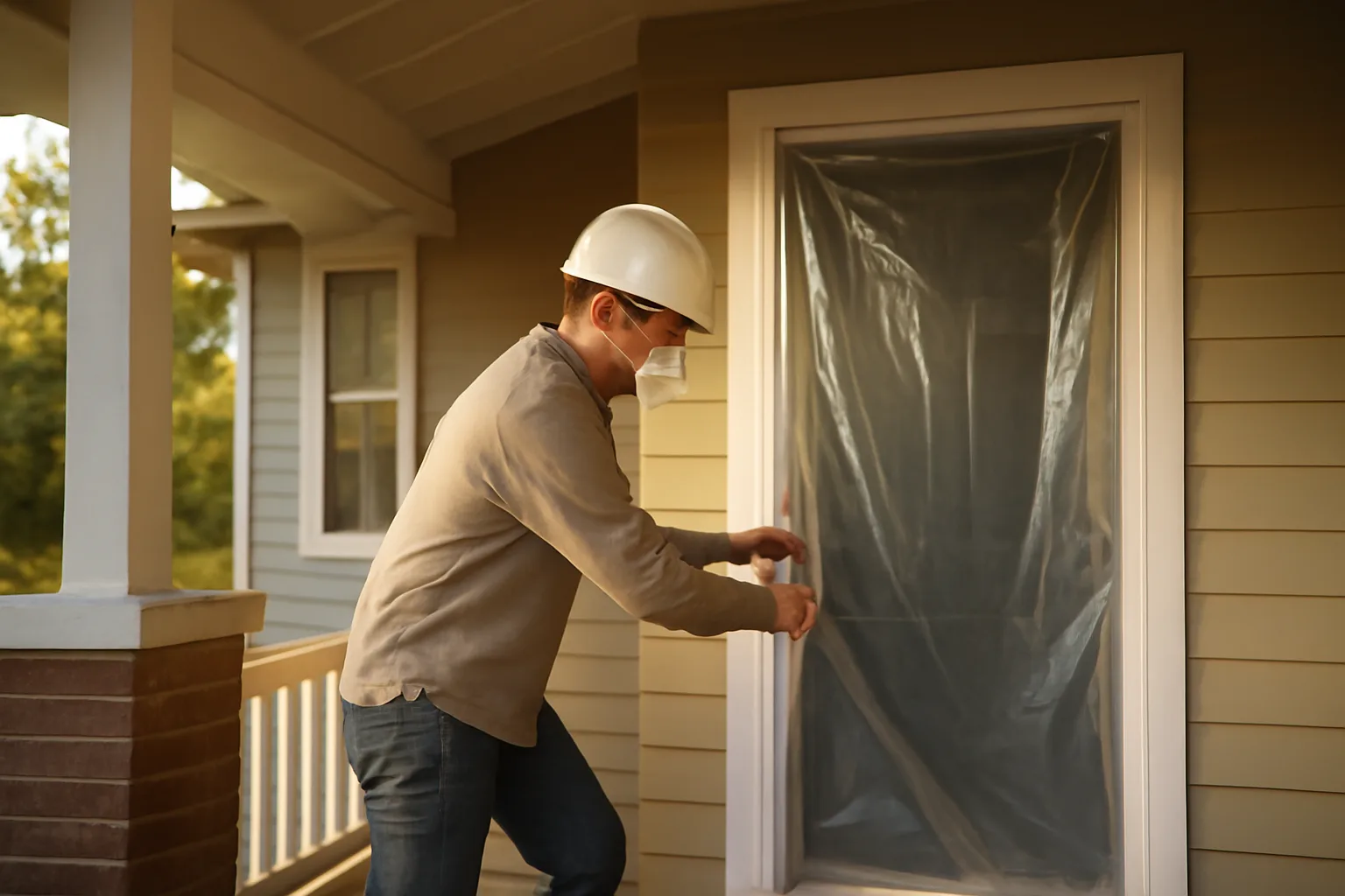 Contractor plastic-sheeting a pre-1978 Alabama porch before lead-safe renovation work
