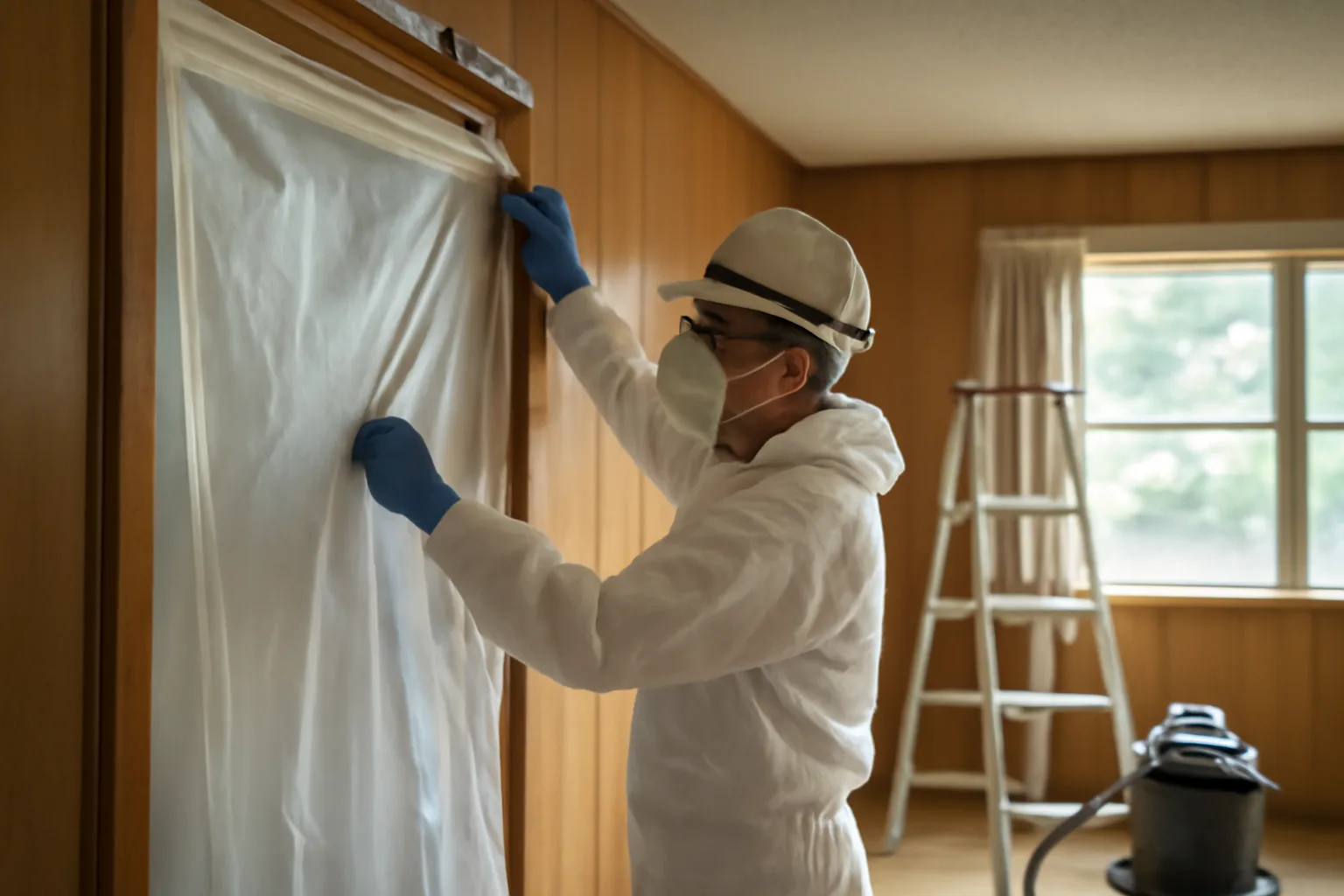 Renovator taping containment plastic in a pre-1978 Arkansas home during lead-safe setup