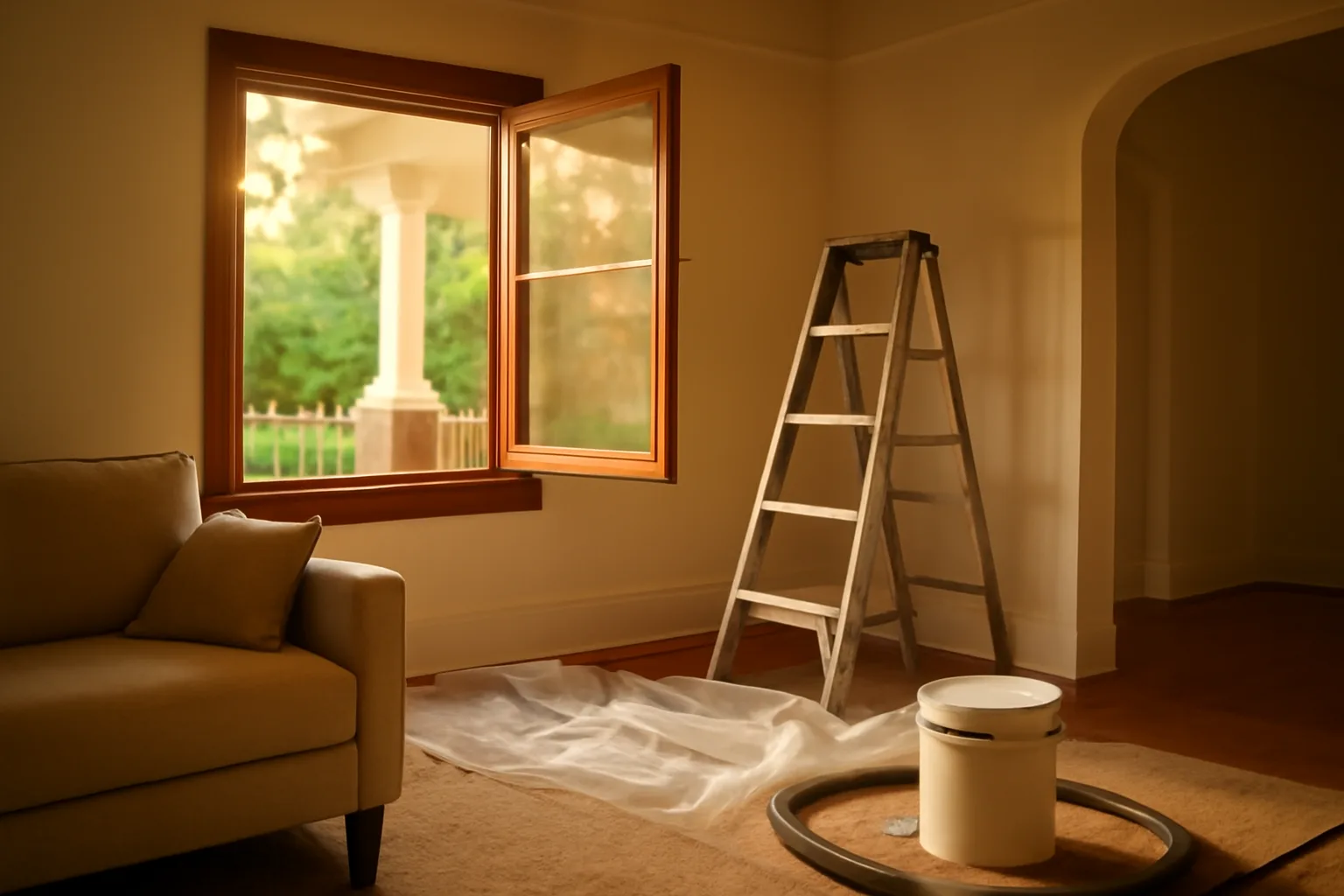 California living room with plastic sheeting and HEPA vacuum during a lead-safe renovation