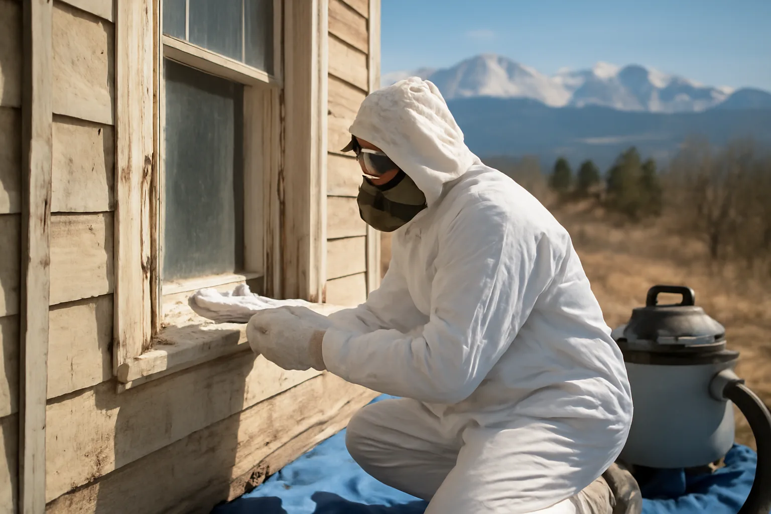Colorado lead RRP renovator scraping window with containment, mountain backdrop