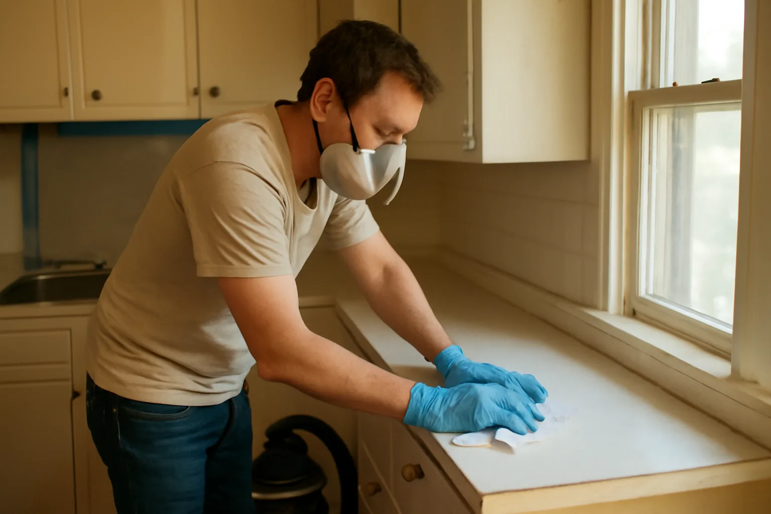 Worker in a Connecticut kitchen doing lead-safe cleaning verification during a renovation