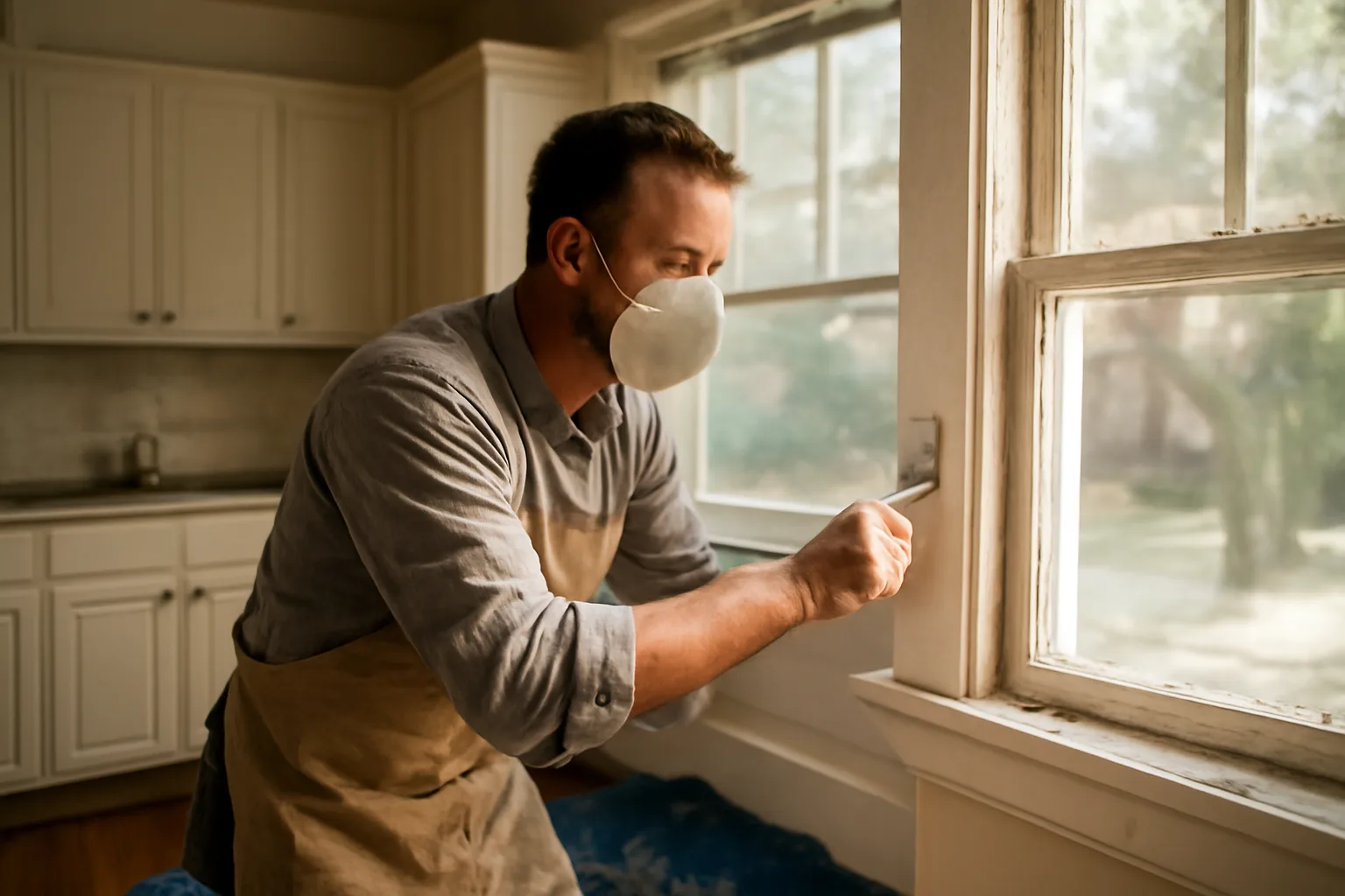 Contractor scraping paint in Wilmington DE home, lead-safe containment set up.