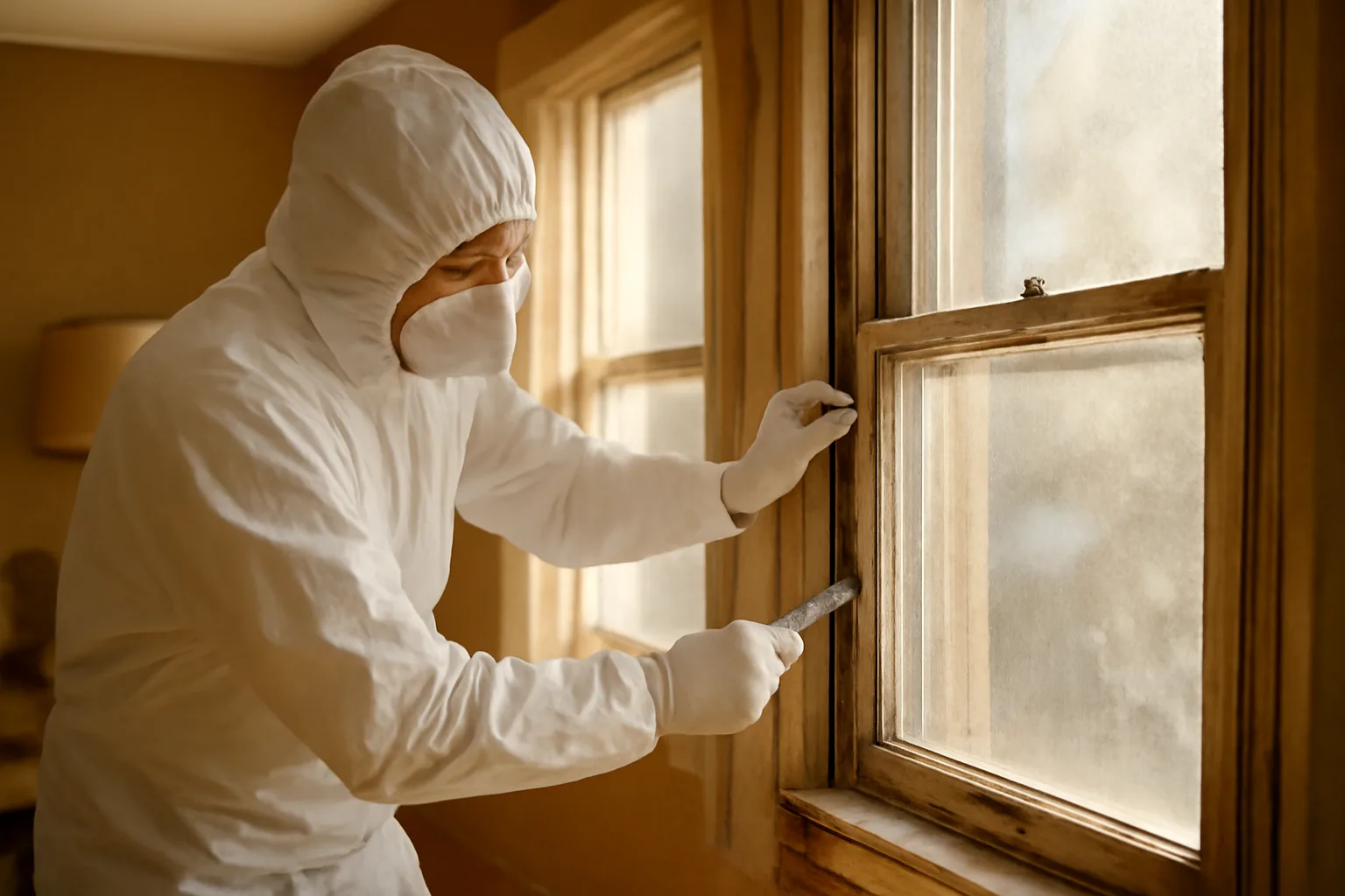 Contractor in protective gear removing painted window trim in a pre-1978 Utah home