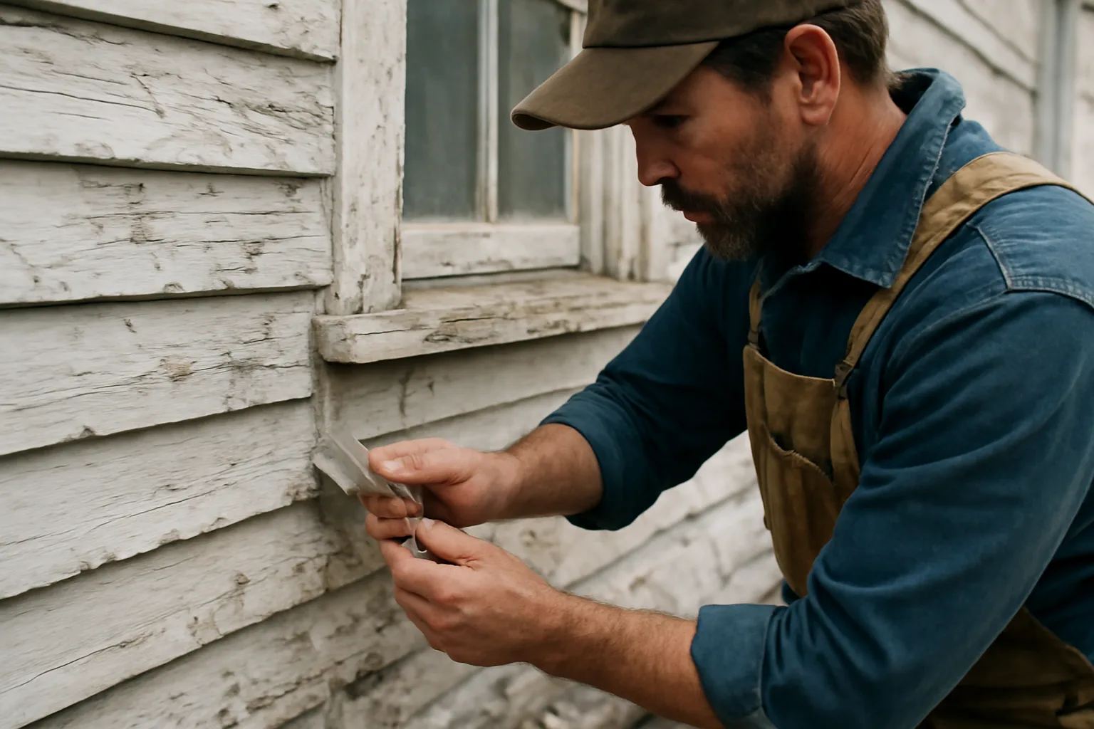 Contractor scraping lead paint from old Vermont house window trim outdoors