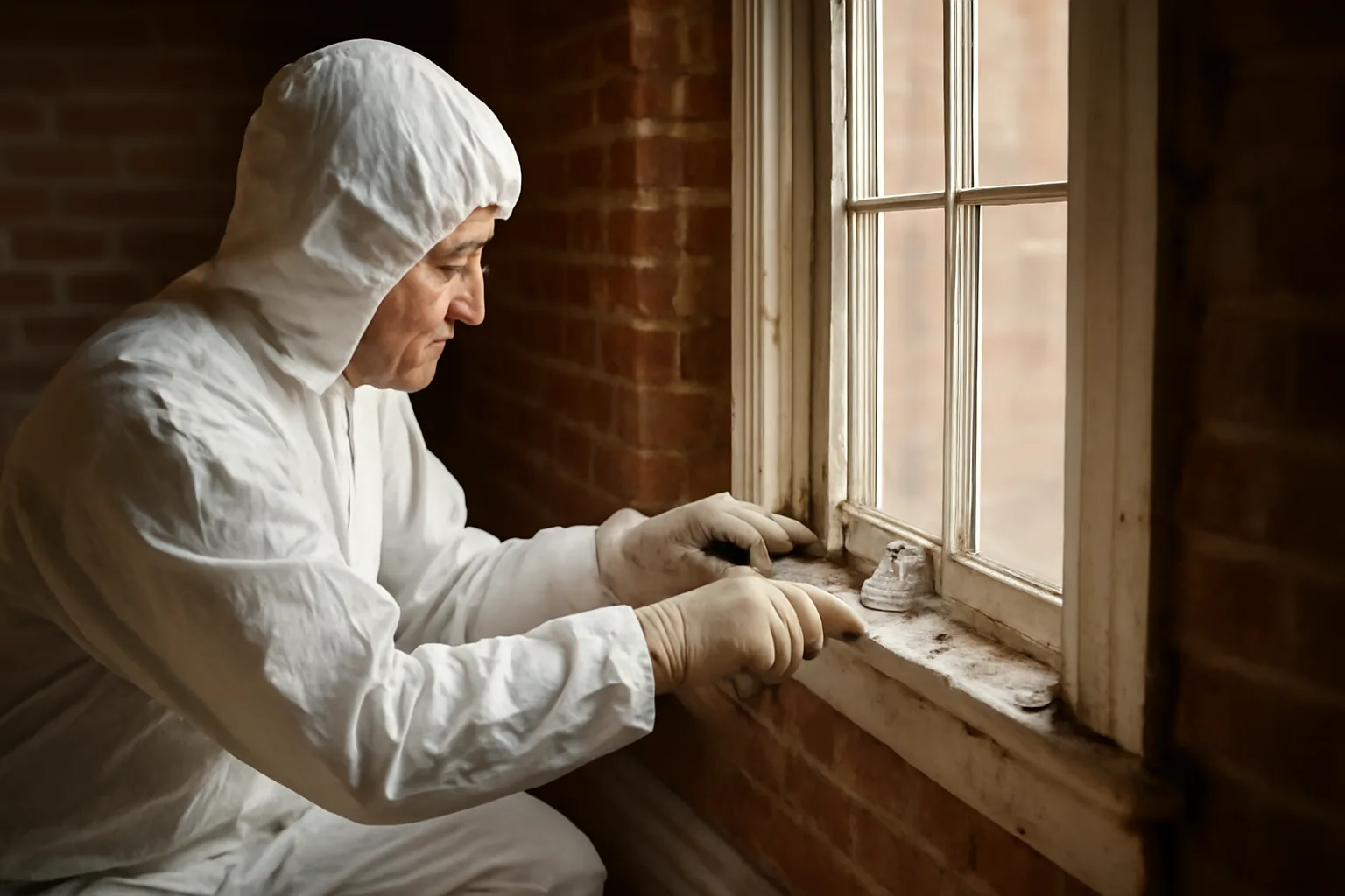Contractor in coveralls removing painted window trim in pre-1978 home during lead RRP work in Virginia