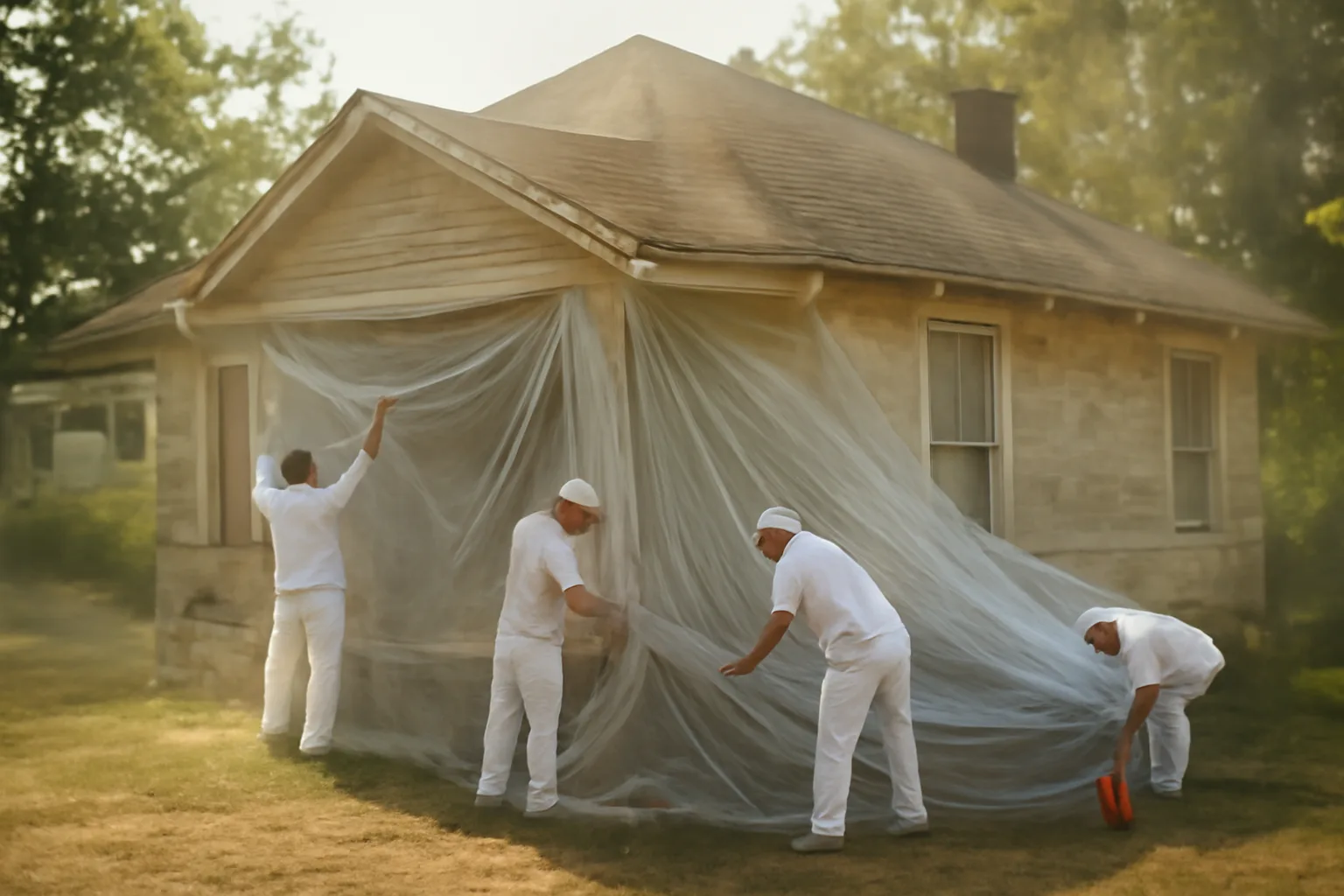 Crew setting up plastic containment around a pre-1978 Alabama bungalow for lead RRP work