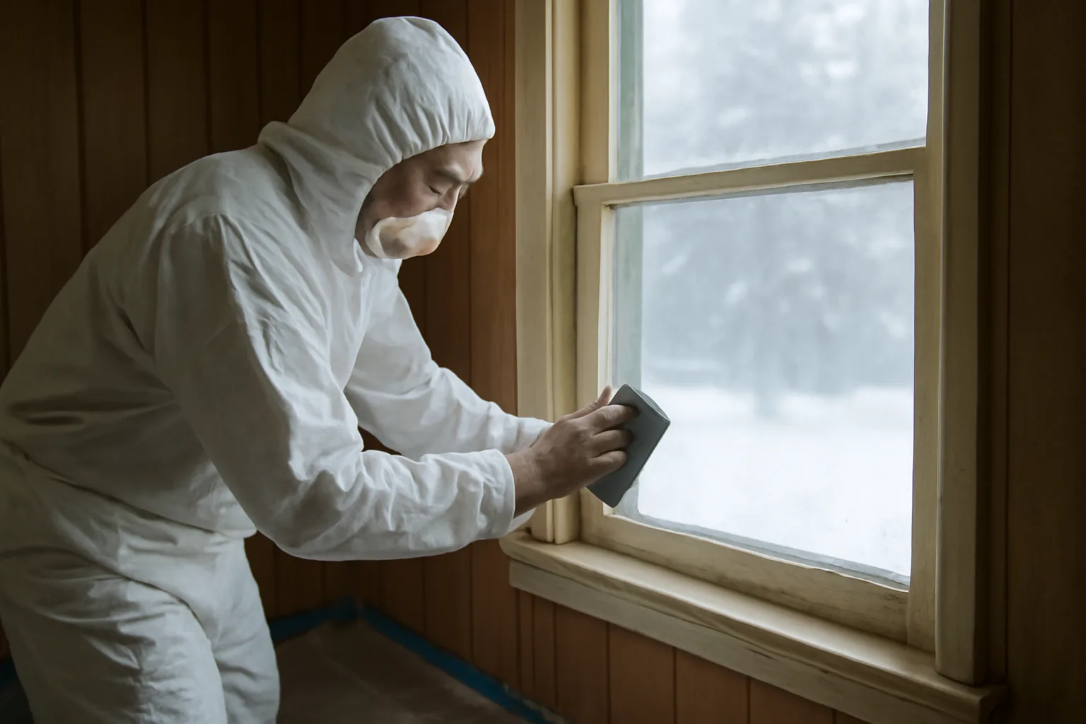Painter in protective gear wet-sanding a pre-1978 Alaska window frame under plastic containment.