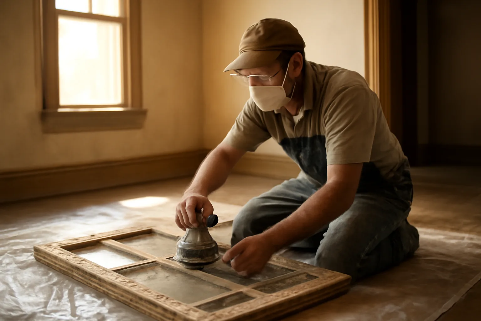 Carpenter performing lead-safe sanding under EPA RRP rules in Arkansas