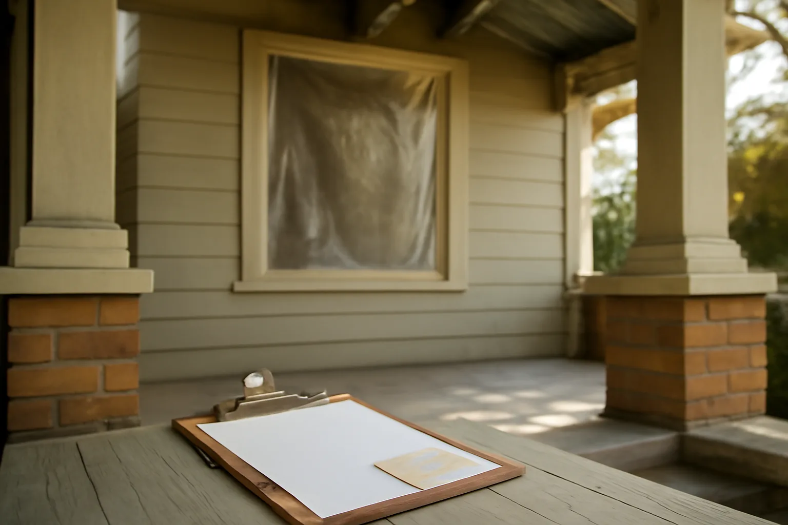 Open contractor's document pouch on a pre-1978 California porch with plastic containment sheeting visible in the background
