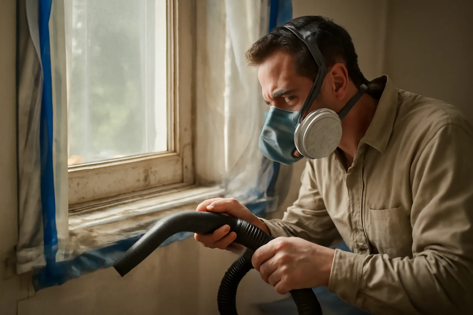 Contractor with HEPA vacuum on windowsill in Delaware pre-1978 home