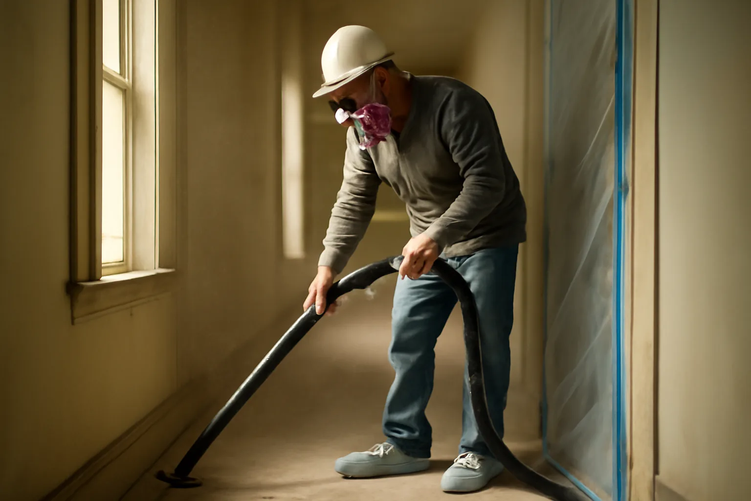 Contractor in pre-1978 Georgia home using HEPA vacuum behind plastic sheeting.