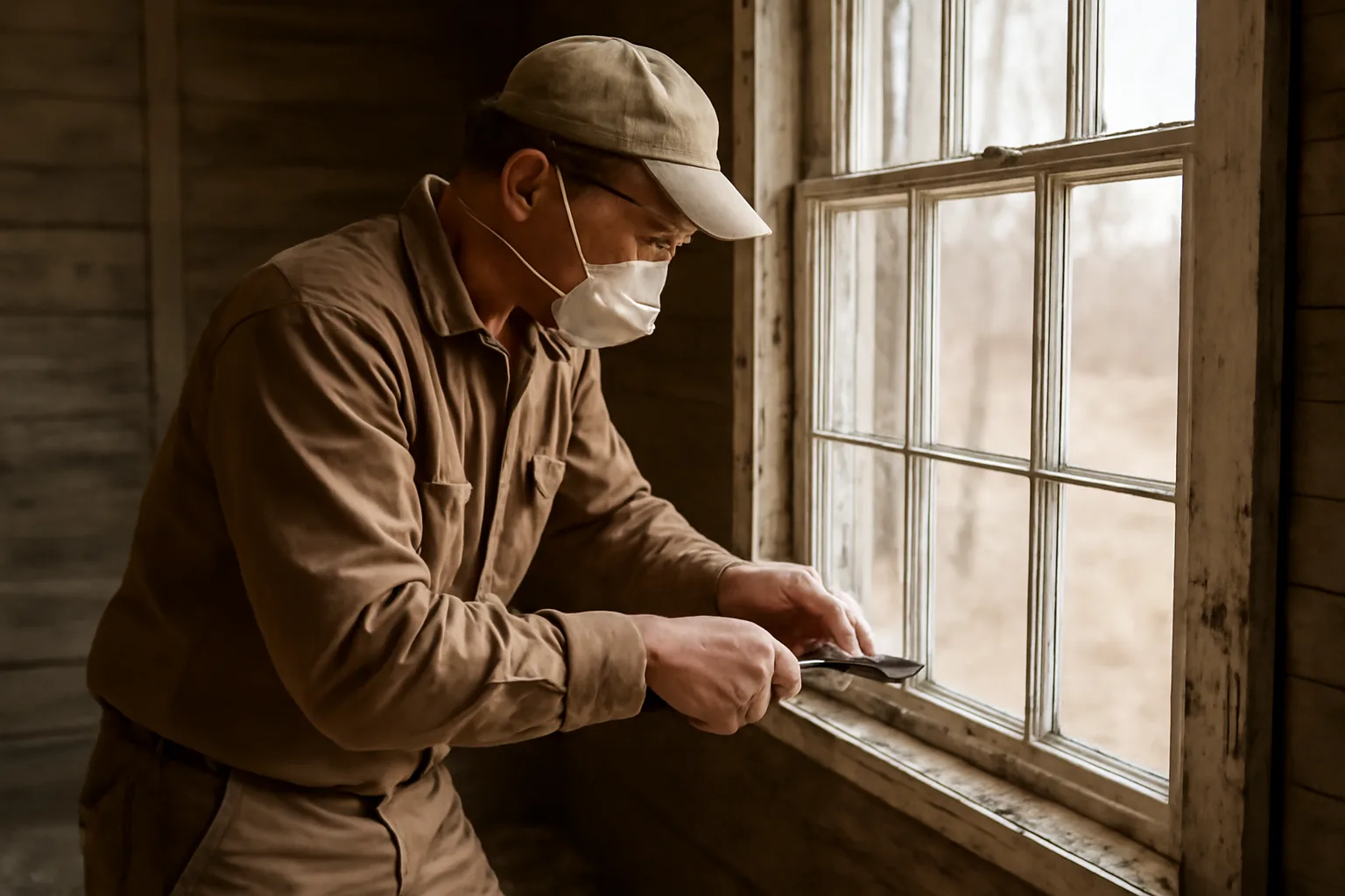 Carpenter removing old painted trim in a Vermont pre-1978 farmhouse interior