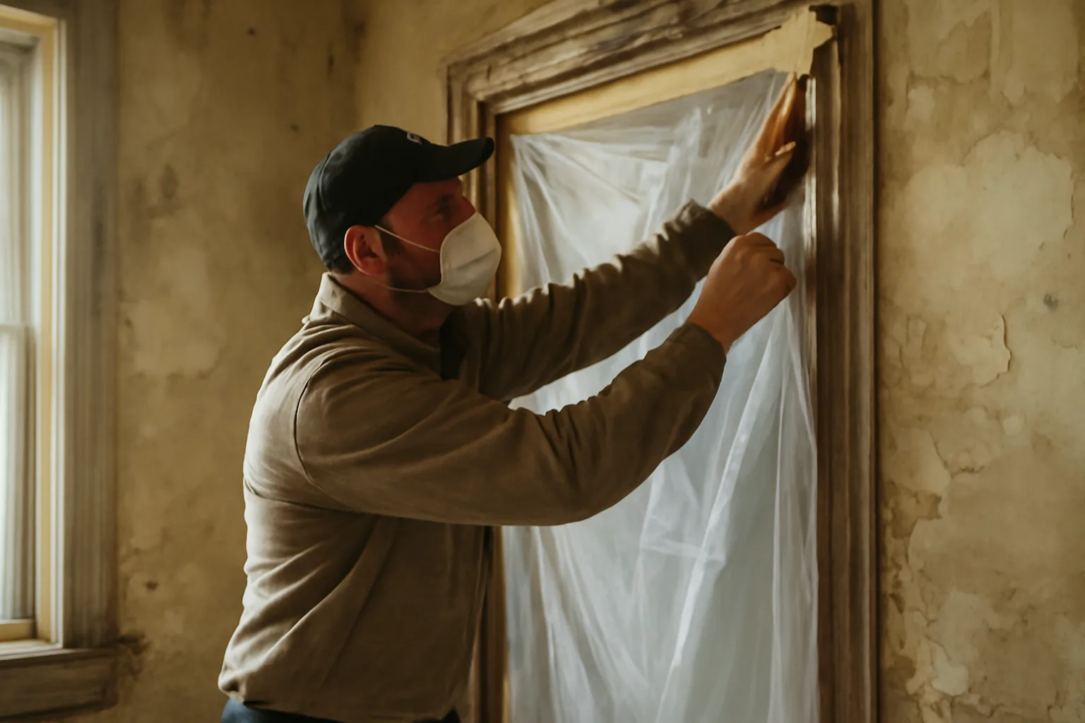 Contractor applying plastic containment sheeting inside an older home during lead RRP work