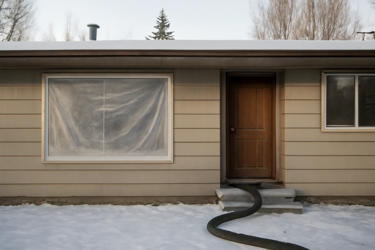 Exterior lead RRP containment setup on an Alaska home in winter with HEPA vacuum hose visible.