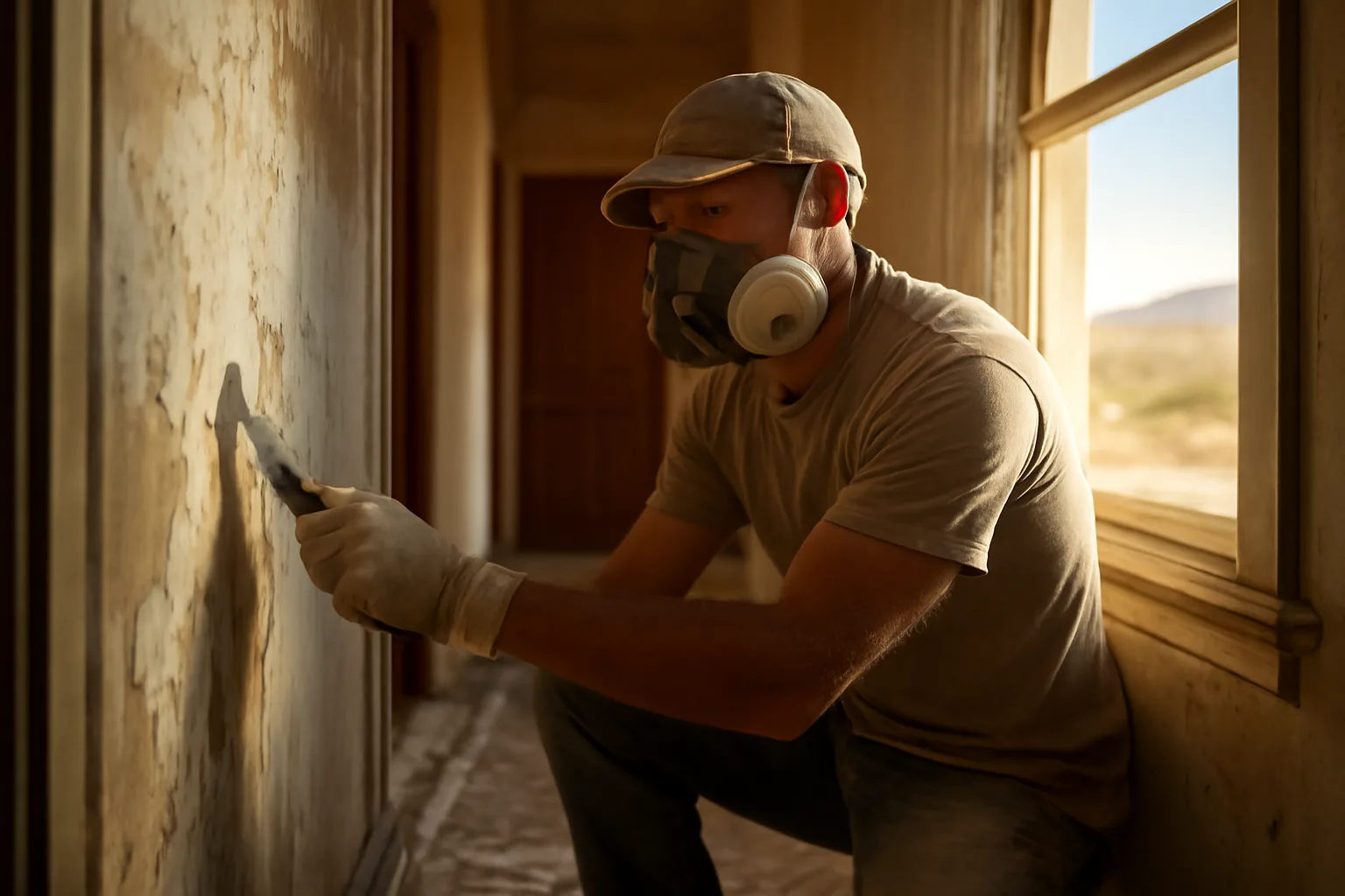 Arizona remodeler scraping old paint in a pre-1978 home with plastic containment