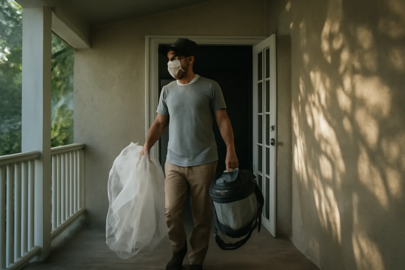 Renovator carrying plastic sheeting into a pre-1978 Florida bungalow