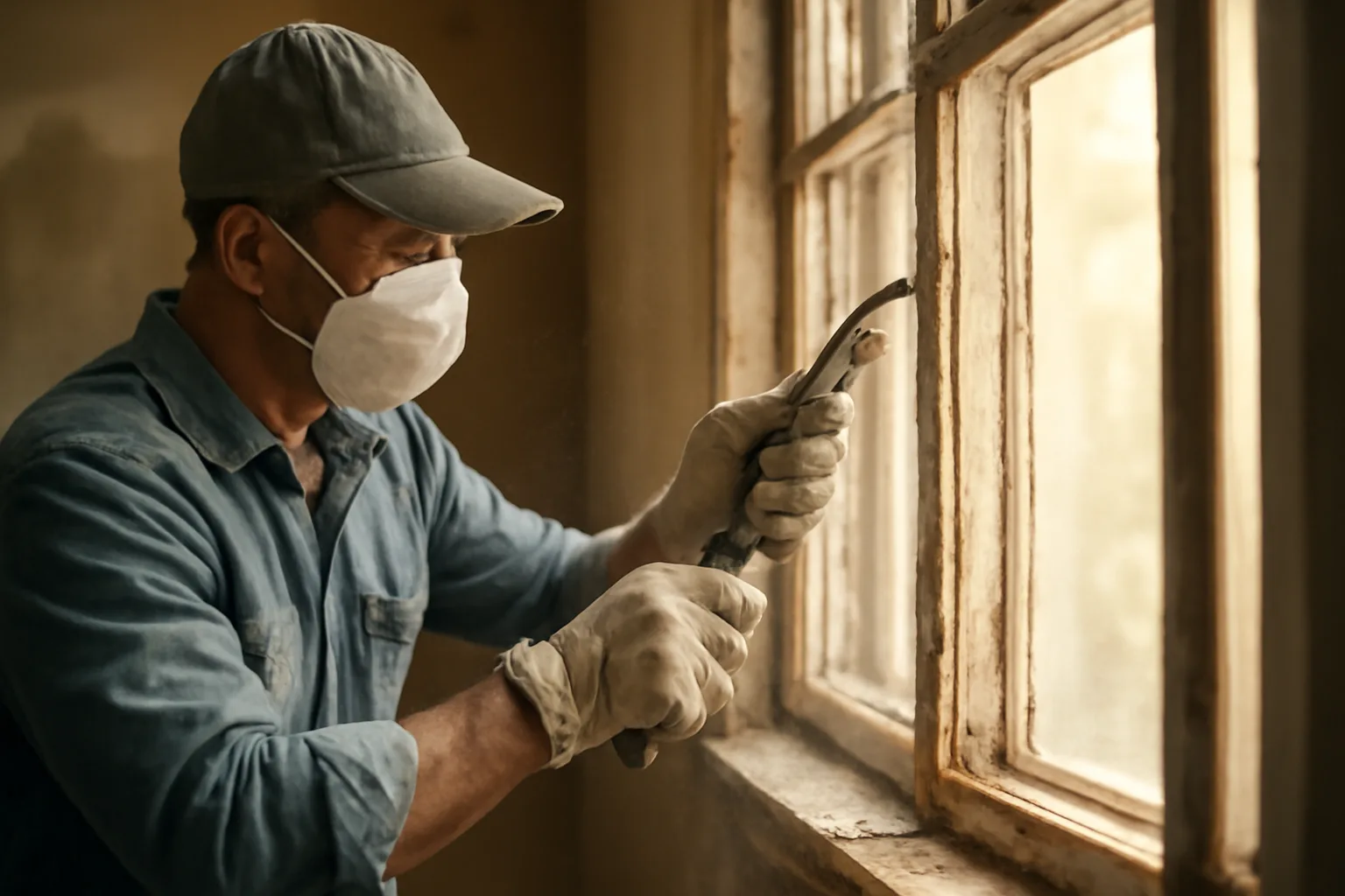 Contractor removing painted window trim in older Utah home during lead RRP renovation