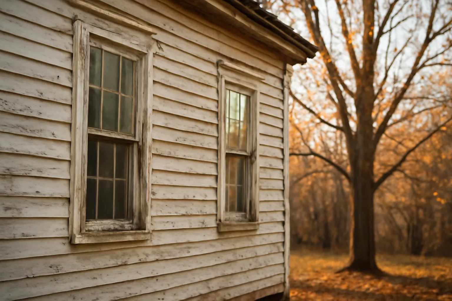 Old Vermont clapboard house with peeling paint on window trim in autumn light