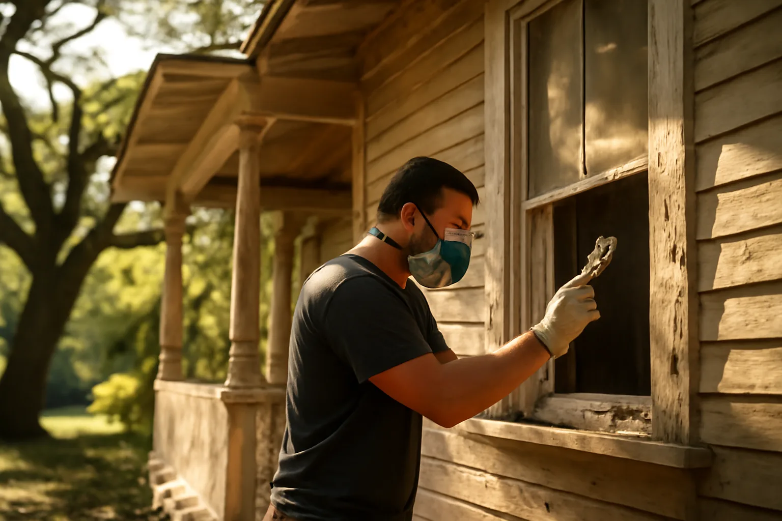 Worker scoring old paint on a Florida bungalow for lead RRP