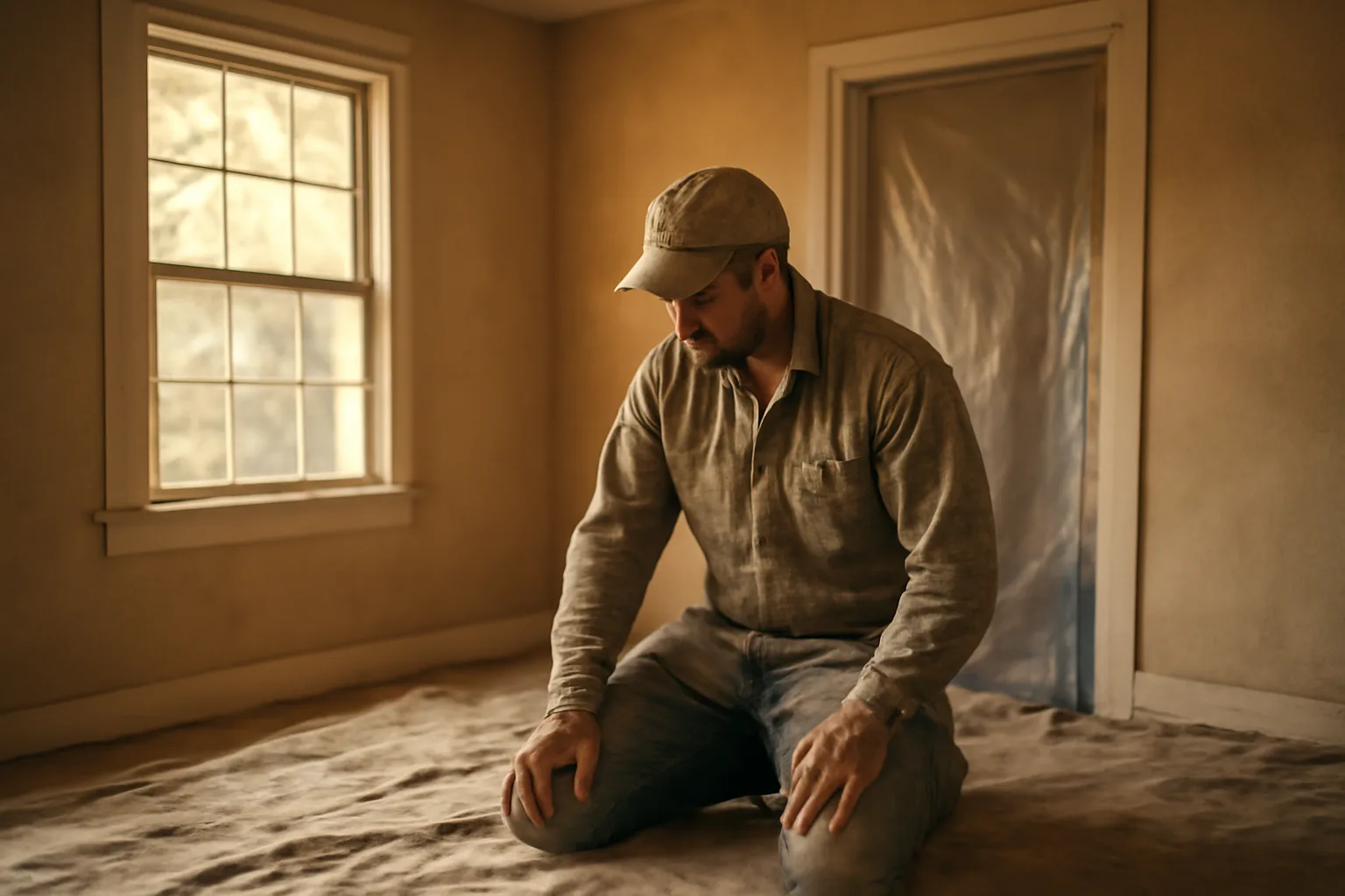 Contractor kneeling on plastic sheeting inside an older Alabama home during a renovation