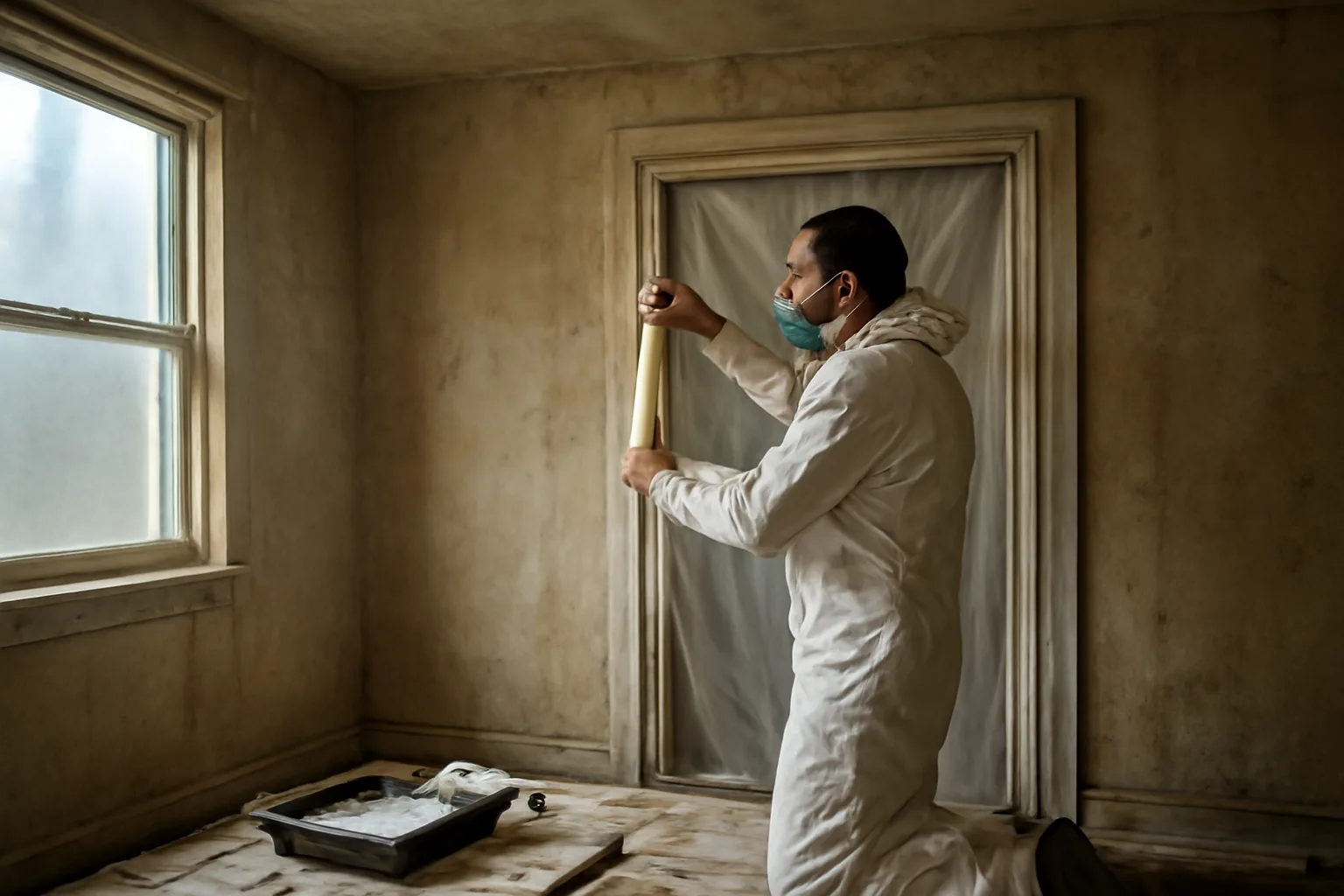 Painter in protective gear sealing a doorway in an older Alaska apartment