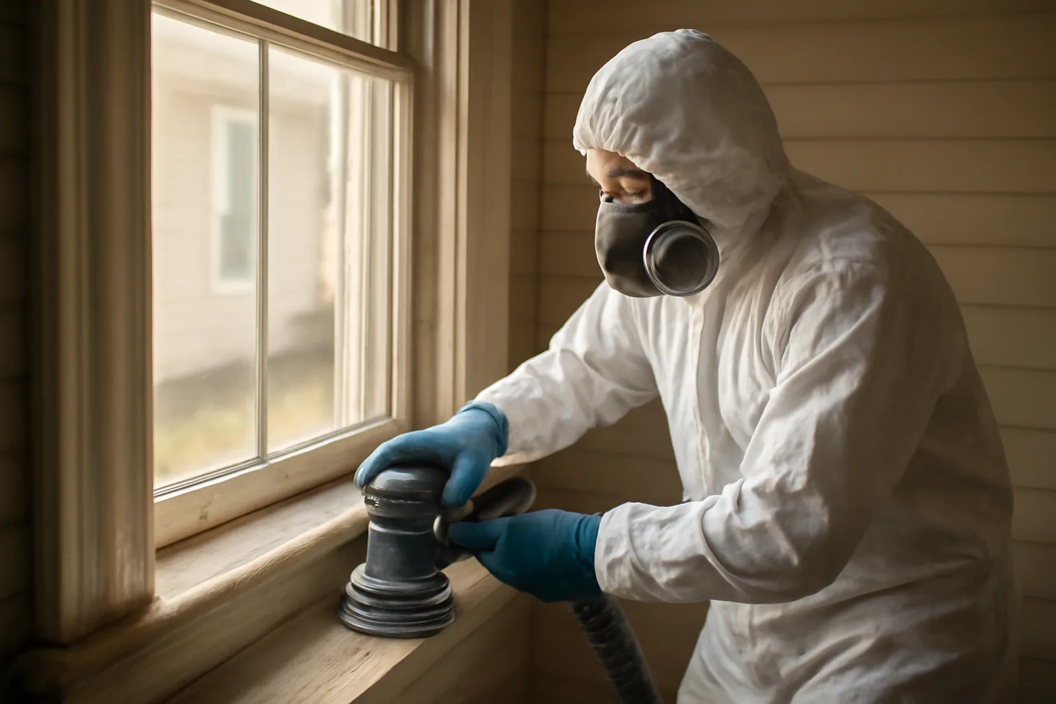 Contractor wearing protective gear performing lead-safe renovation on windowsill in Arkansas