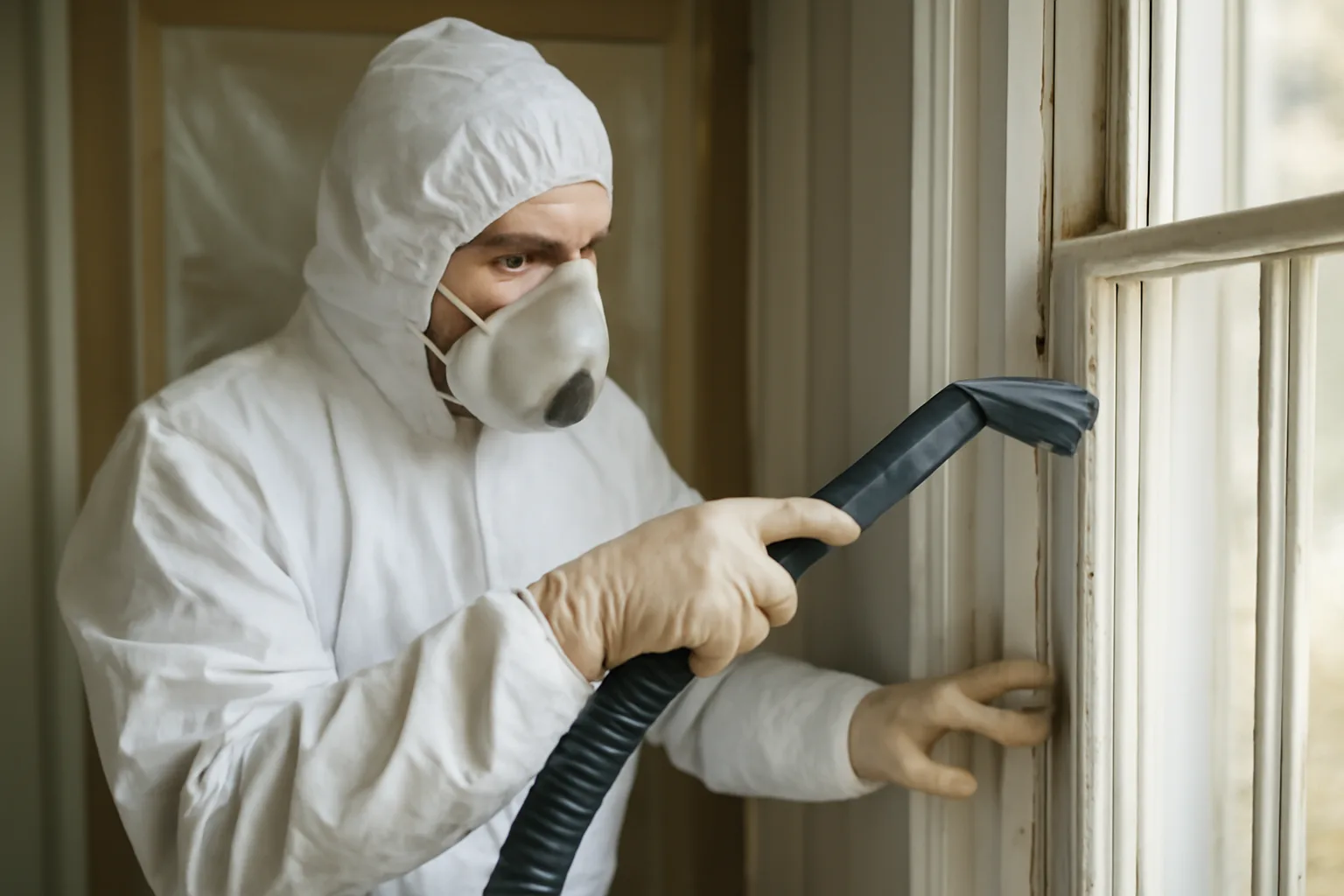 Renovator certified for lead RRP in Connecticut vacuuming dust during interior work.