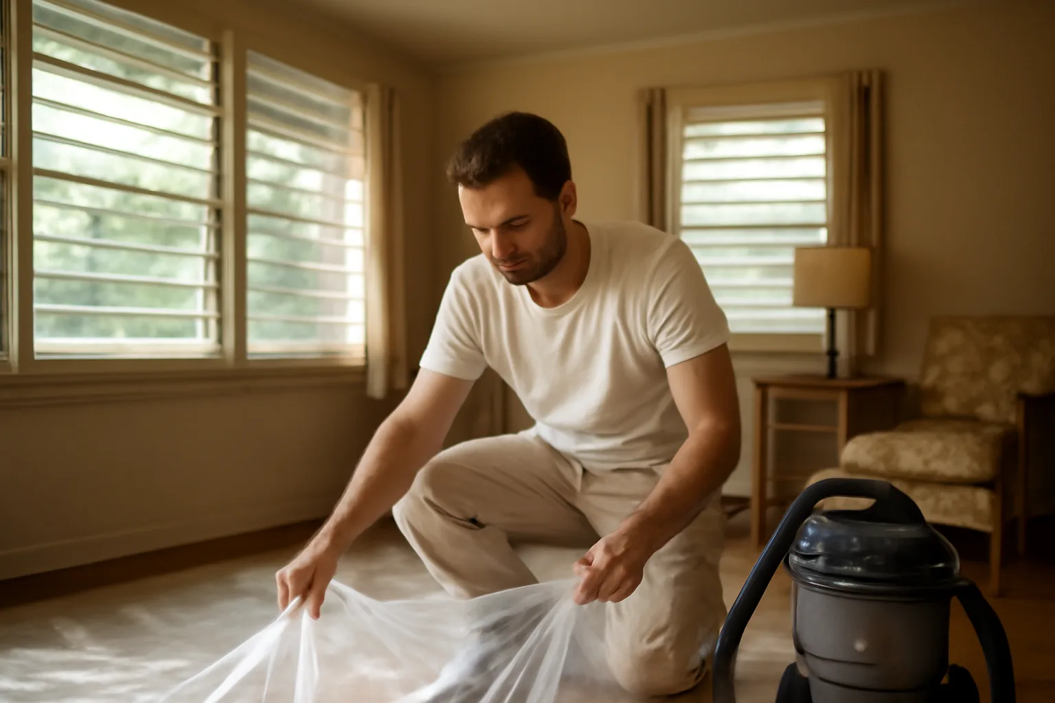 Florida lead-certified renovator setting up containment plastic and HEPA vacuum