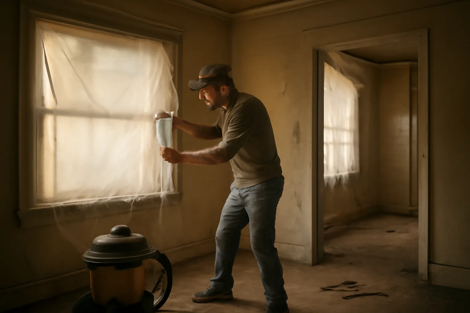 Renovator sealing a pre-1978 Atlanta room with plastic sheeting during lead-safe work
