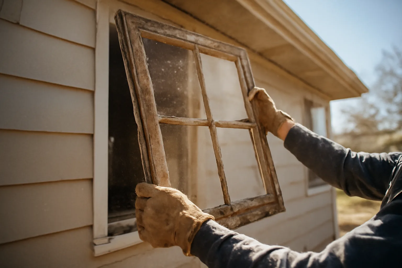 Worker removing old painted window frame from a pre-1978 home in Utah