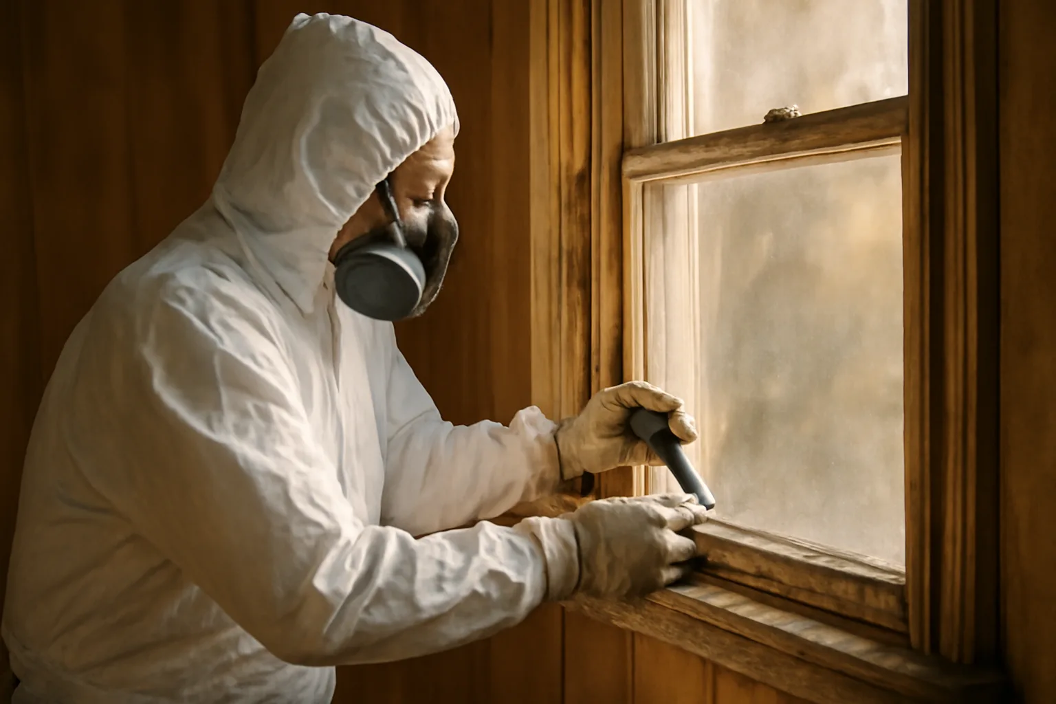 contractor in protective suit removing old painted trim inside pre-1978 Virginia home