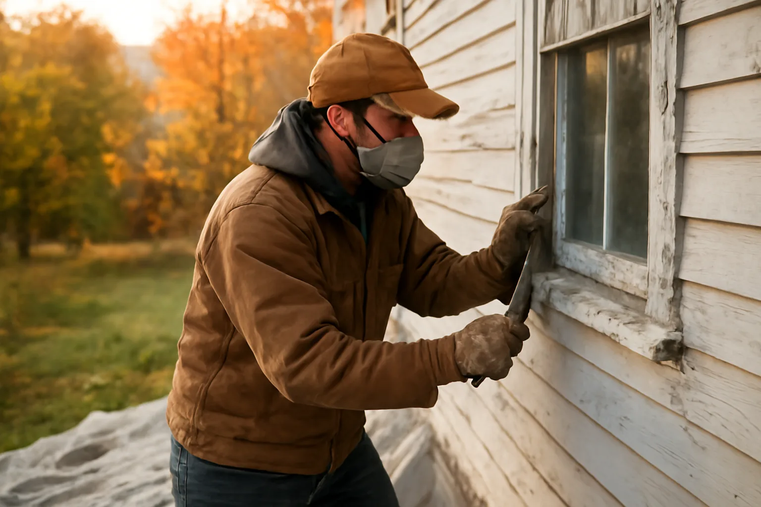 Contractor using lead-safe work practices on old Vermont farmhouse window trim